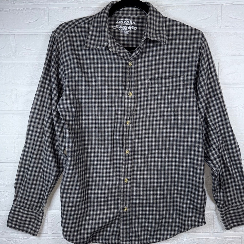 Arizona Jean Co Button Down Shirt Womens XL Black Gray Plaid Long Sleeve Casual